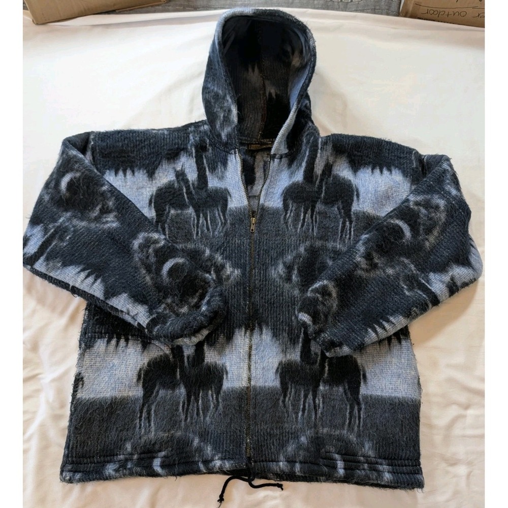 Vtg Tejidos Ruminahui Full Zip Hooded Virgin Wool Sweater Men s ~XL Blue Llama